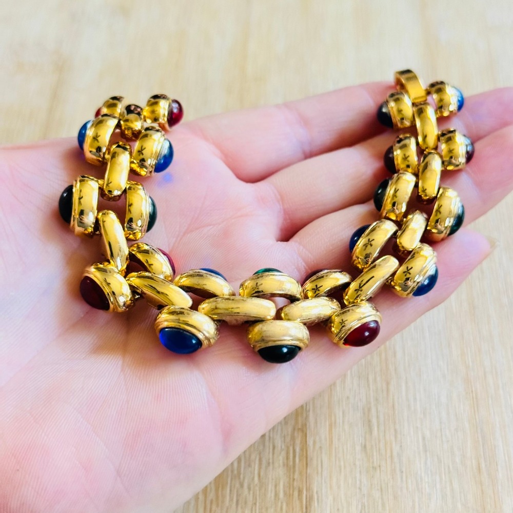 VTG Regal Cabochon Bracelet Gold Plated Bar Link Gripoix Style France Statement